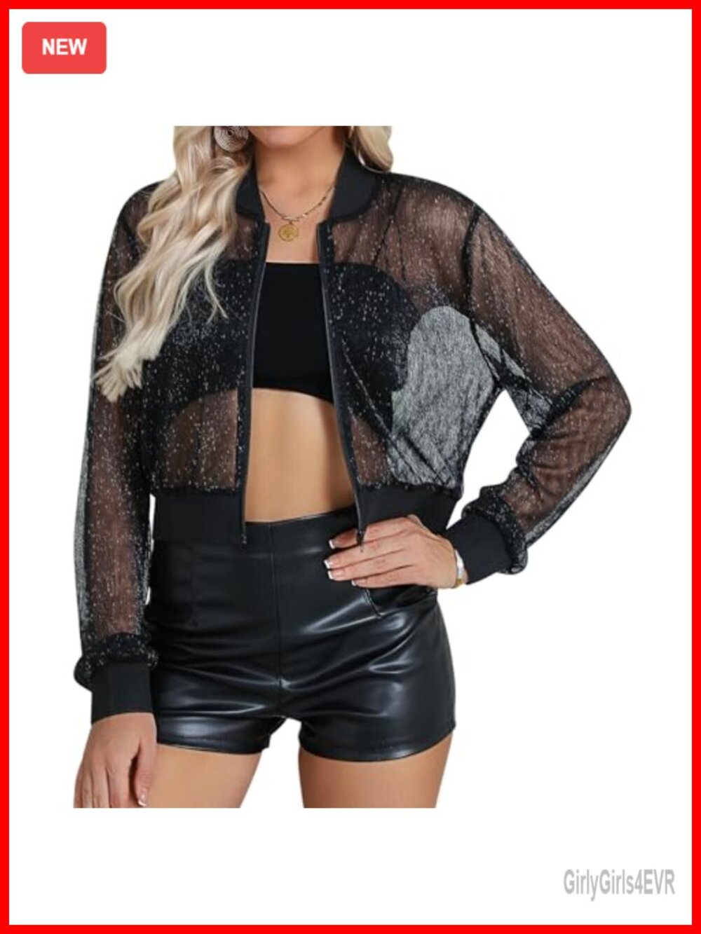 Sheer Mesh Sparkly Crop Jacket Zip Up Lightweight Party Concert Layer